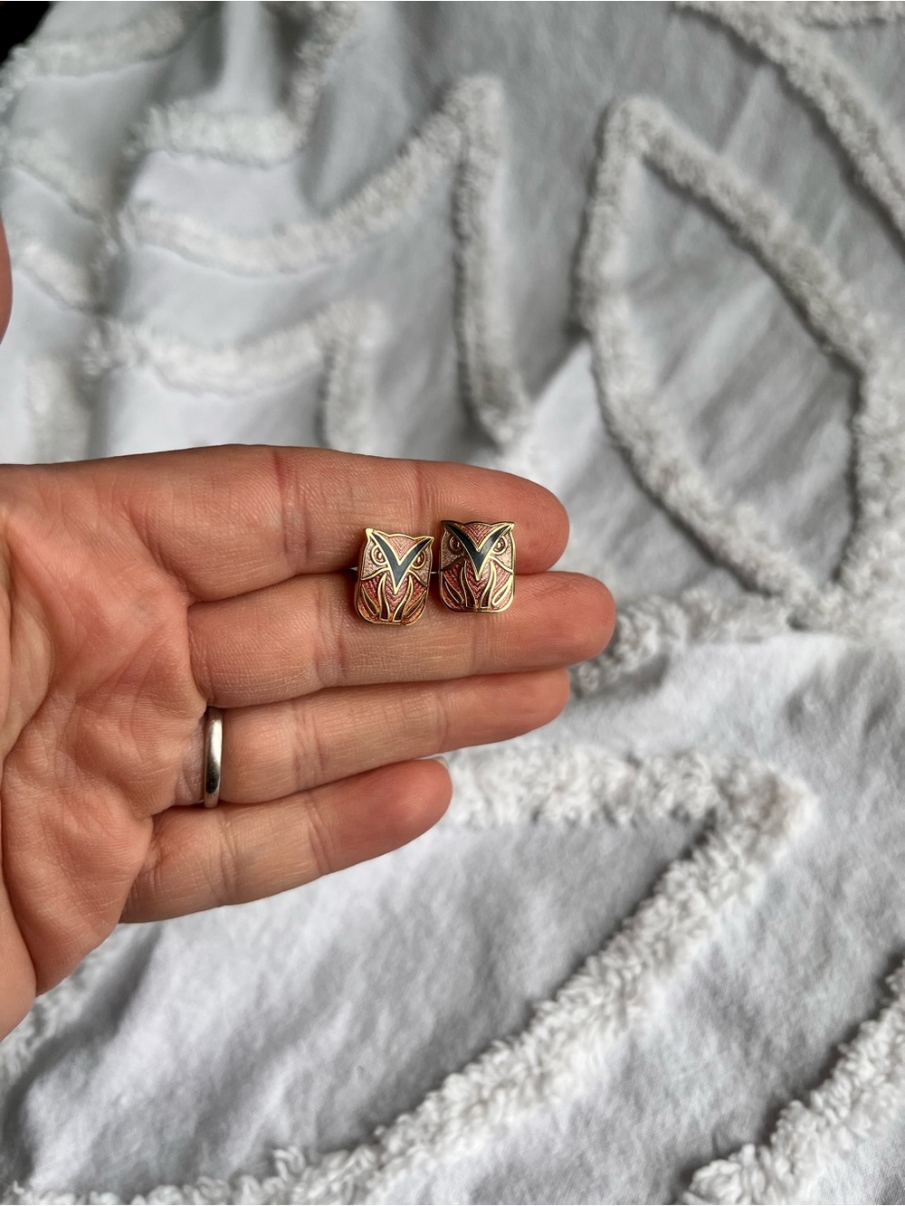 Vintage Roccoco Gold-Tone Owl Stud Earrings with Enamel